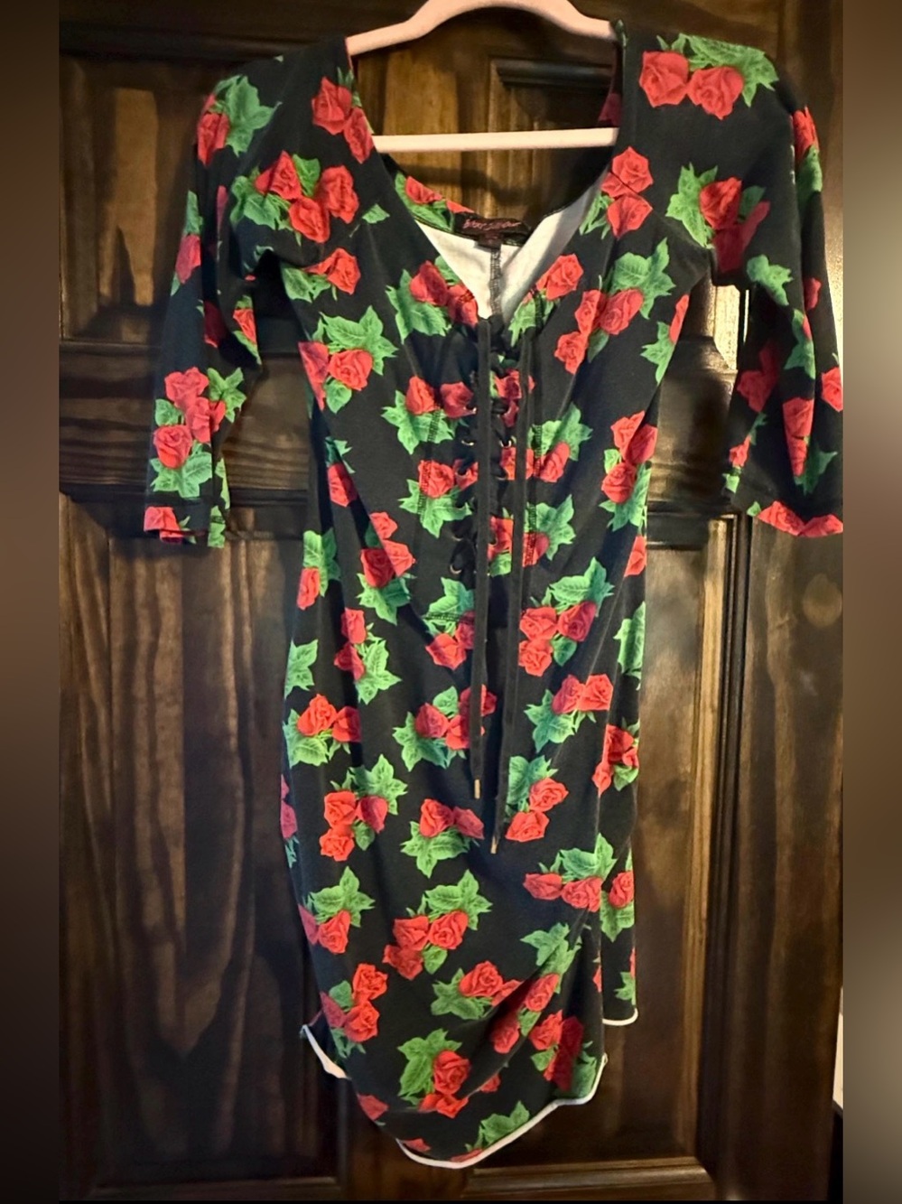 Vintage Betsey Johnson Milkmaid Black Floral Rose Print Ruched Bodycon Dress